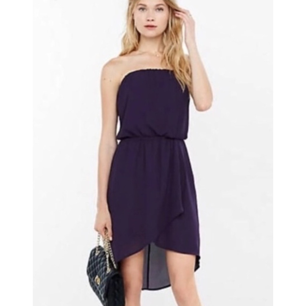 EXPRESS Strapless Smocked Waist Asymmetrical Hem Dress Purple Size L